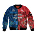 custom-text-and-number-nrl-half-dolphins-and-half-cowboys-rugby-sleeve-zip-bomber-jacket-aboriginal-2023