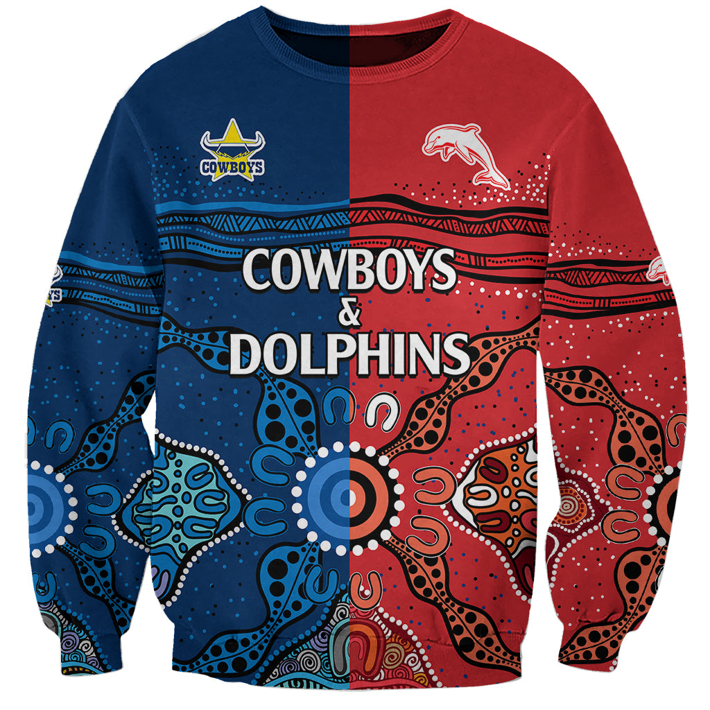custom-text-and-number-nrl-half-dolphins-and-half-cowboys-rugby-sweatshirt-aboriginal-2023