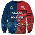 custom-text-and-number-nrl-half-dolphins-and-half-cowboys-rugby-sweatshirt-aboriginal-2023