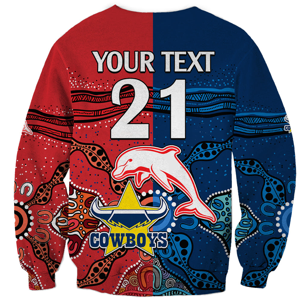 custom-text-and-number-nrl-half-dolphins-and-half-cowboys-rugby-sweatshirt-aboriginal-2023