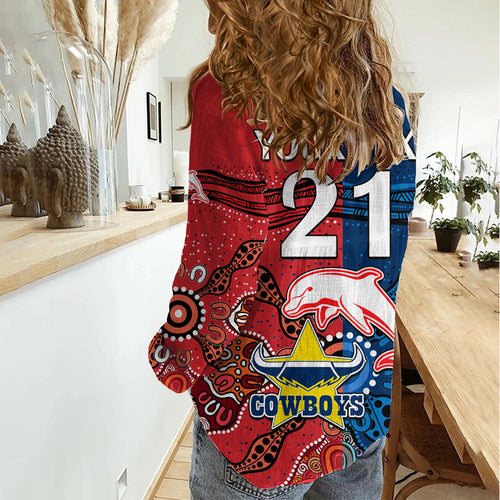 (Custom Text And Number) NRL Half Dolphins and Half Cowboys Rugby Women Casual Shirt Aboriginal 2023 LT9