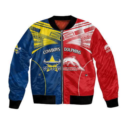 custom-text-and-number-nrl-half-dolphins-and-half-cowboys-rugby-bomber-jacket-sporty-style