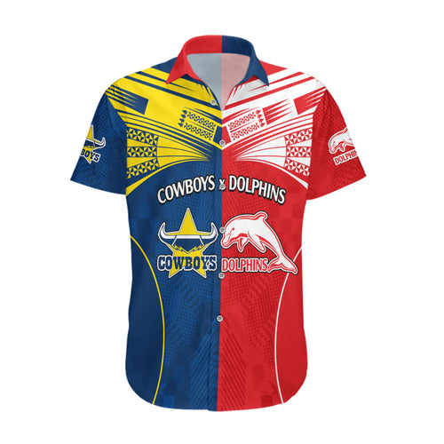 custom-text-and-number-nrl-half-dolphins-and-half-cowboys-rugby-hawaiian-shirt-sporty-style