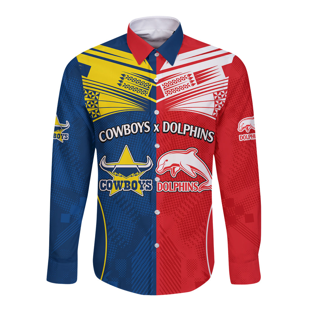 custom-text-and-number-nrl-half-dolphins-and-half-cowboys-rugby-long-sleeve-button-shirt-sporty-style
