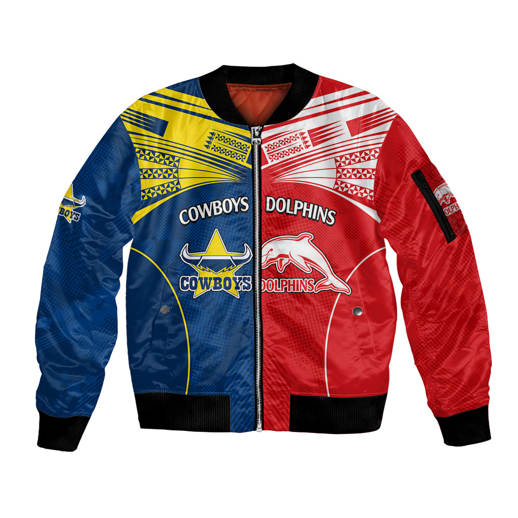 custom-text-and-number-nrl-half-dolphins-and-half-cowboys-rugby-sleeve-zip-bomber-jacket-sporty-style