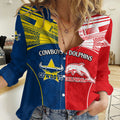 (Custom Text And Number) NRL Half Dolphins and Half Cowboys Rugby Women Casual Shirt Sporty Style LT9
