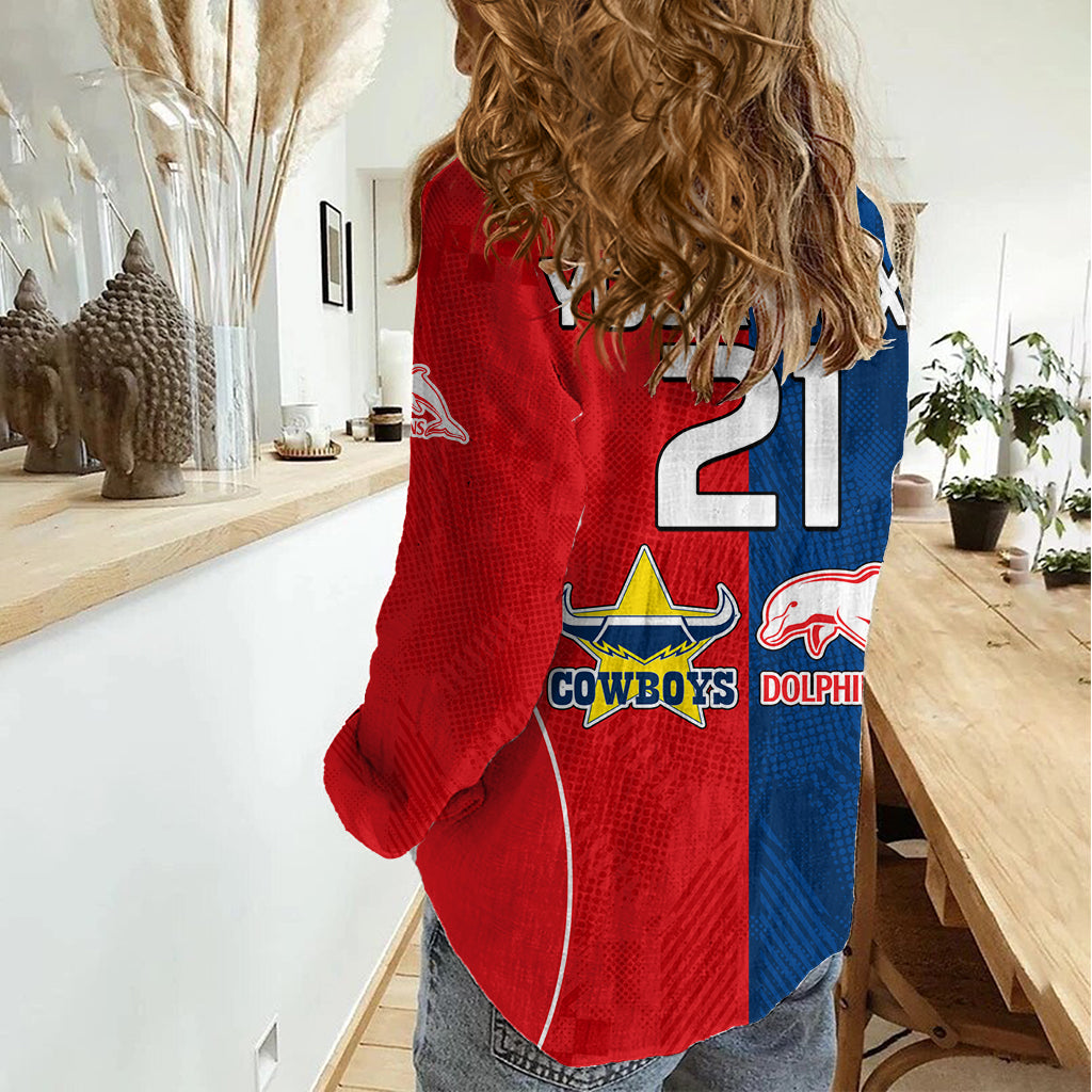 (Custom Text And Number) NRL Half Dolphins and Half Cowboys Rugby Women Casual Shirt Sporty Style LT9