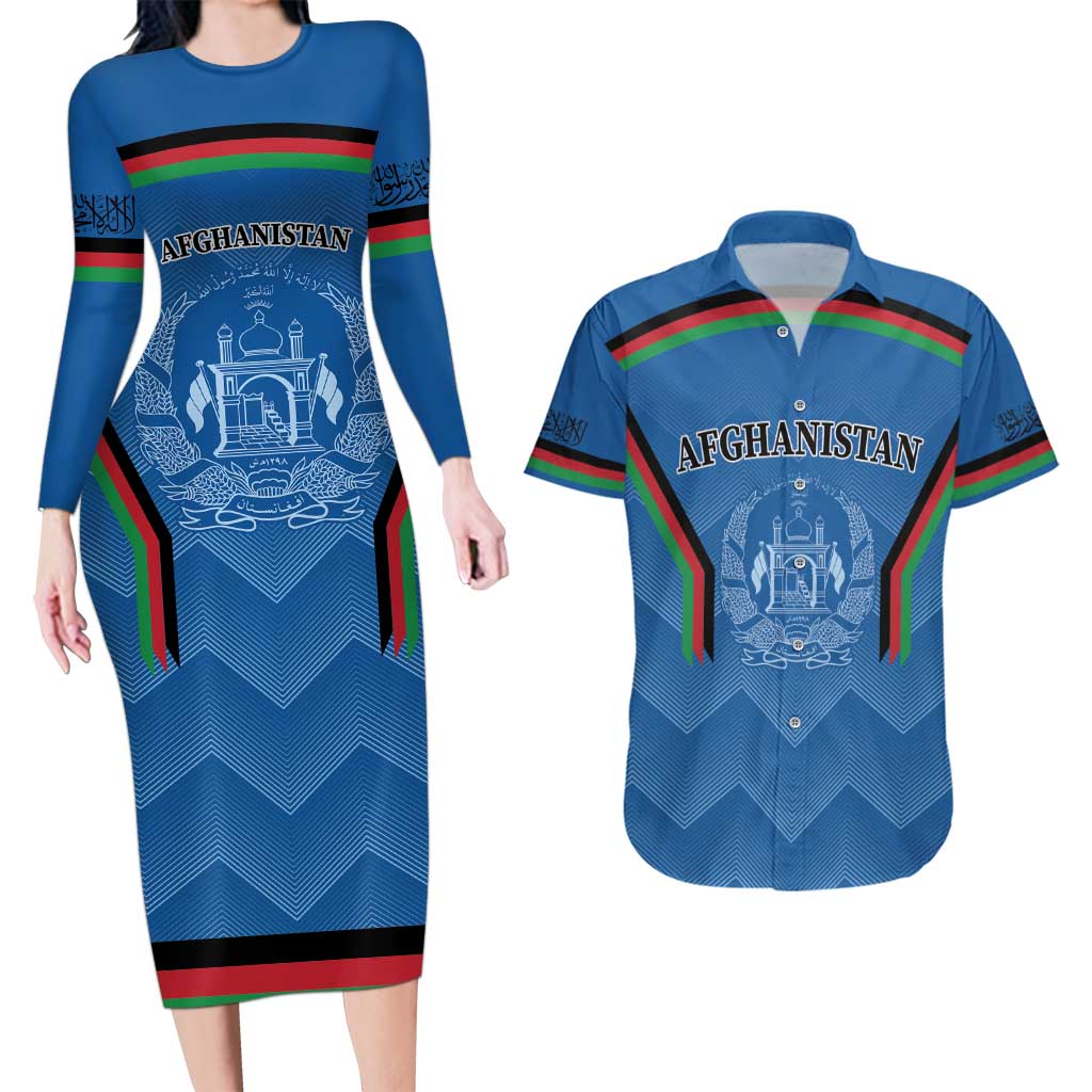 Custom Afghanistan Cricket Couples Matching Long Sleeve Bodycon Dress and Hawaiian Shirt Afghan Coat Of Arm with Special Flag
