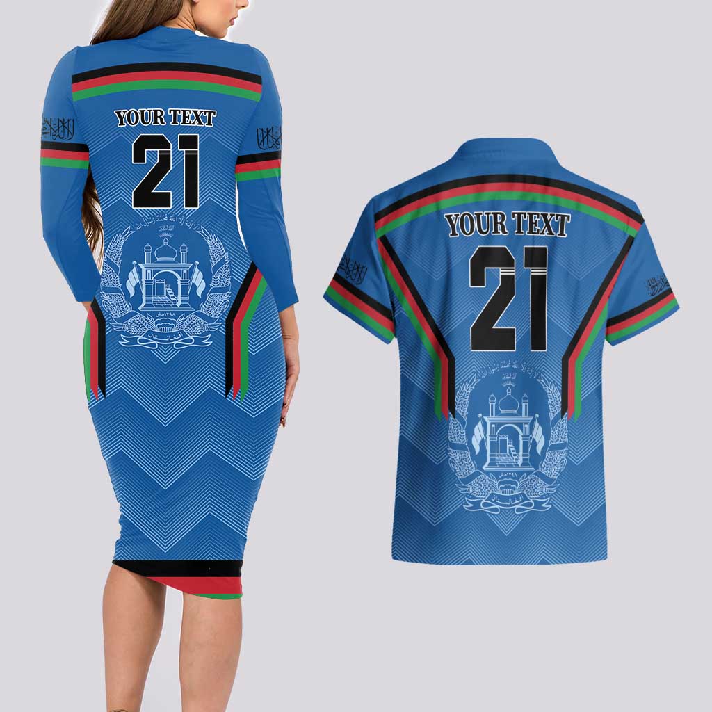 Custom Afghanistan Cricket Couples Matching Long Sleeve Bodycon Dress and Hawaiian Shirt Afghan Coat Of Arm with Special Flag