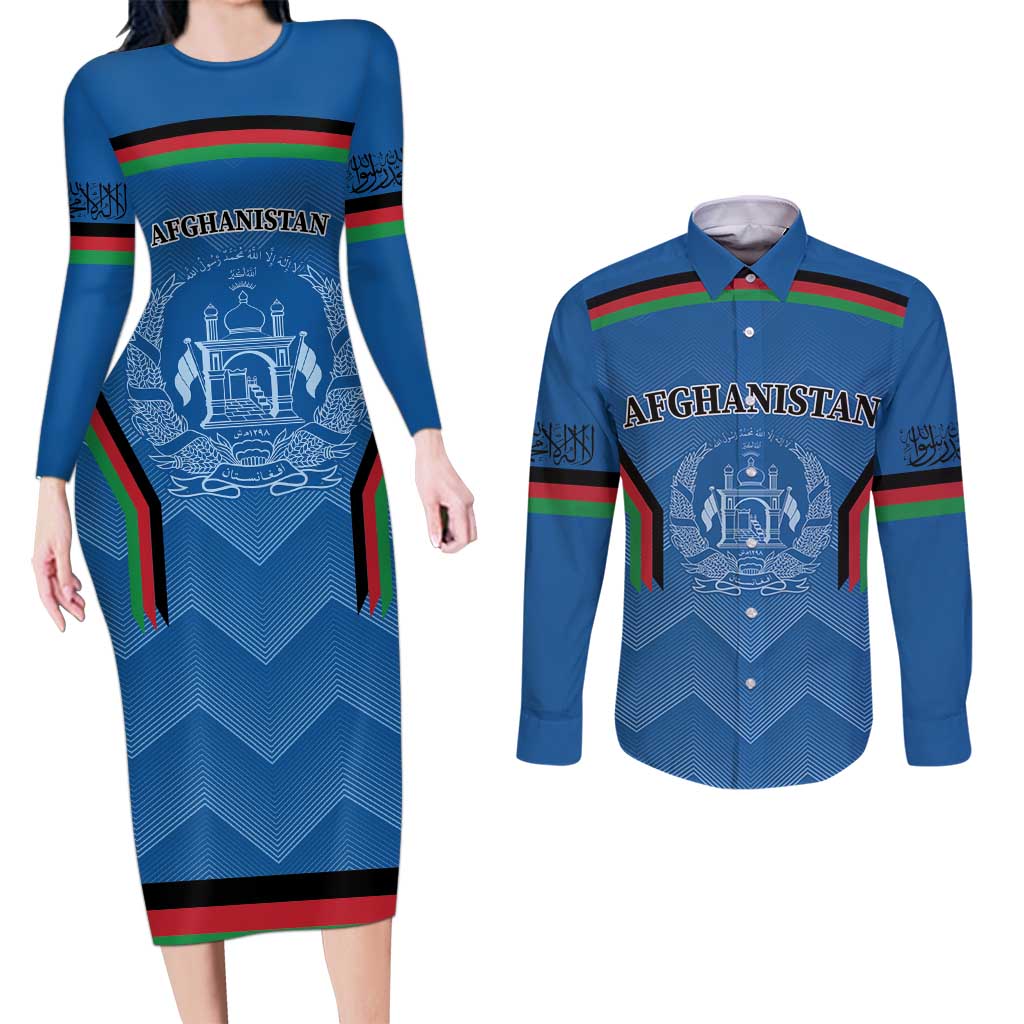 Custom Afghanistan Cricket Couples Matching Long Sleeve Bodycon Dress and Long Sleeve Button Shirt Afghan Coat Of Arm with Special Flag