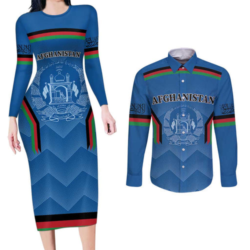 Custom Afghanistan Cricket Couples Matching Long Sleeve Bodycon Dress and Long Sleeve Button Shirt Afghan Coat Of Arm with Special Flag