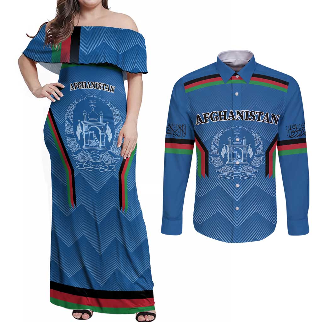 Custom Afghanistan Cricket Couples Matching Off Shoulder Maxi Dress and Long Sleeve Button Shirt Afghan Coat Of Arm with Special Flag