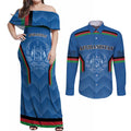 Custom Afghanistan Cricket Couples Matching Off Shoulder Maxi Dress and Long Sleeve Button Shirt Afghan Coat Of Arm with Special Flag