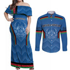 Custom Afghanistan Cricket Couples Matching Off Shoulder Maxi Dress and Long Sleeve Button Shirt Afghan Coat Of Arm with Special Flag