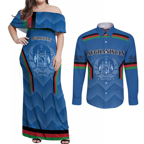 Custom Afghanistan Cricket Couples Matching Off Shoulder Maxi Dress and Long Sleeve Button Shirt Afghan Coat Of Arm with Special Flag