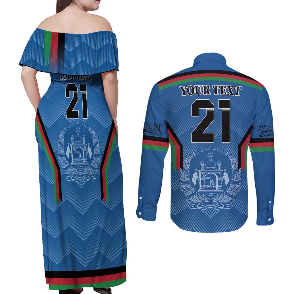 Custom Afghanistan Cricket Couples Matching Off Shoulder Maxi Dress and Long Sleeve Button Shirt Afghan Coat Of Arm with Special Flag