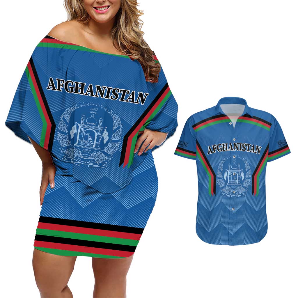 Custom Afghanistan Cricket Couples Matching Off Shoulder Short Dress and Hawaiian Shirt Afghan Coat Of Arm with Special Flag