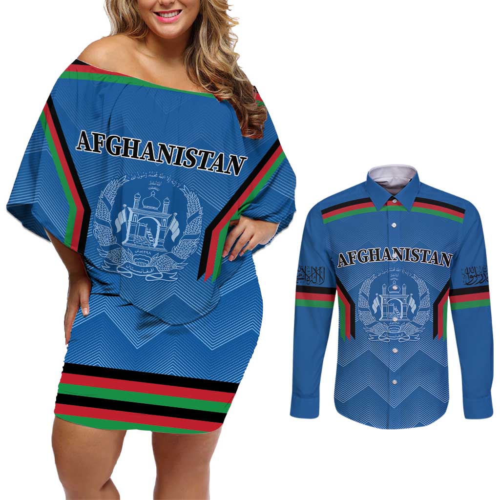 Custom Afghanistan Cricket Couples Matching Off Shoulder Short Dress and Long Sleeve Button Shirt Afghan Coat Of Arm with Special Flag