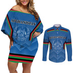Custom Afghanistan Cricket Couples Matching Off Shoulder Short Dress and Long Sleeve Button Shirt Afghan Coat Of Arm with Special Flag