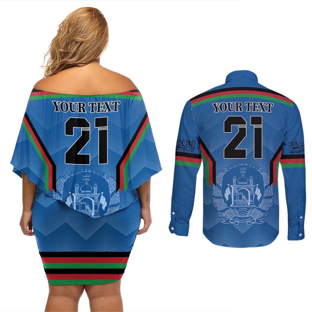 Custom Afghanistan Cricket Couples Matching Off Shoulder Short Dress and Long Sleeve Button Shirt Afghan Coat Of Arm with Special Flag