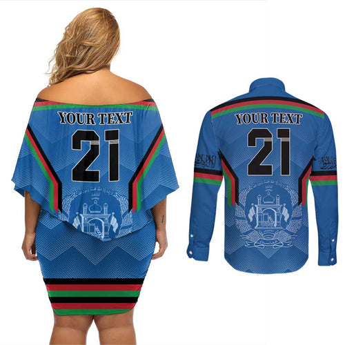 Custom Afghanistan Cricket Couples Matching Off Shoulder Short Dress and Long Sleeve Button Shirt Afghan Coat Of Arm with Special Flag