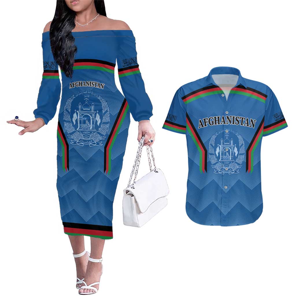 Custom Afghanistan Cricket Couples Matching Off The Shoulder Long Sleeve Dress and Hawaiian Shirt Afghan Coat Of Arm with Special Flag
