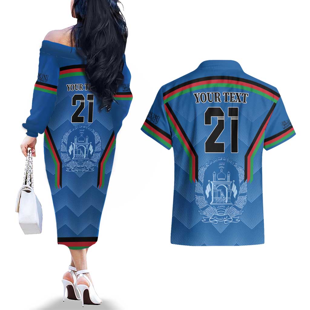 Custom Afghanistan Cricket Couples Matching Off The Shoulder Long Sleeve Dress and Hawaiian Shirt Afghan Coat Of Arm with Special Flag