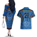Custom Afghanistan Cricket Couples Matching Off The Shoulder Long Sleeve Dress and Hawaiian Shirt Afghan Coat Of Arm with Special Flag