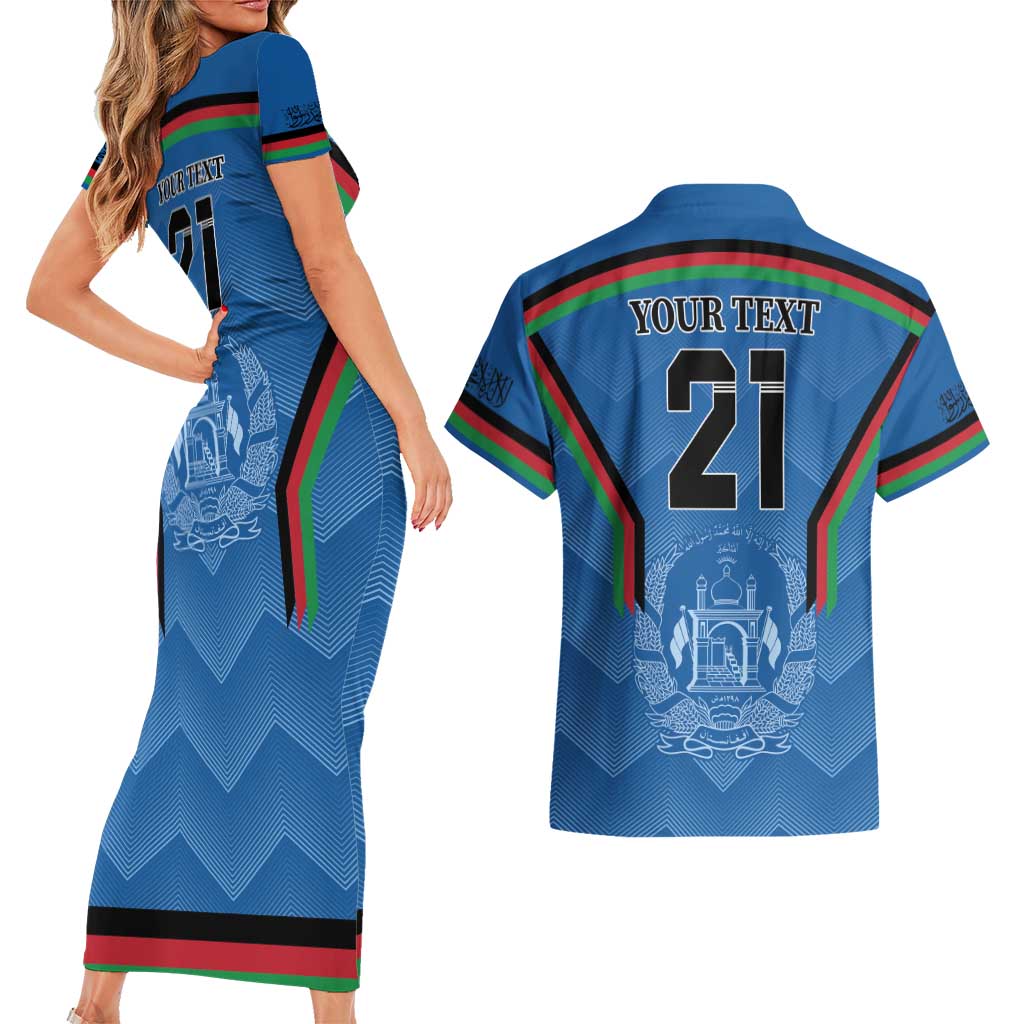 Custom Afghanistan Cricket Couples Matching Short Sleeve Bodycon Dress and Hawaiian Shirt Afghan Coat Of Arm with Special Flag