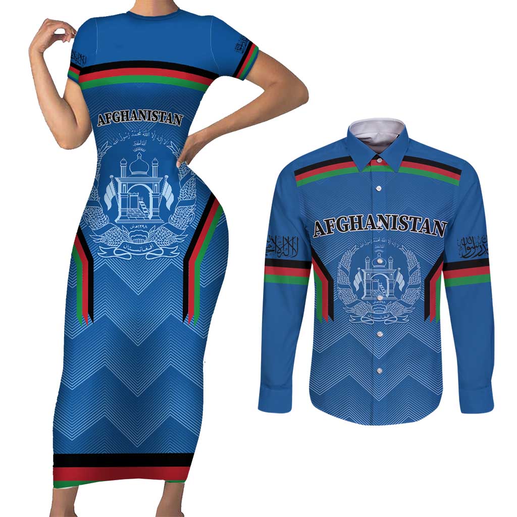 Custom Afghanistan Cricket Couples Matching Short Sleeve Bodycon Dress and Long Sleeve Button Shirt Afghan Coat Of Arm with Special Flag