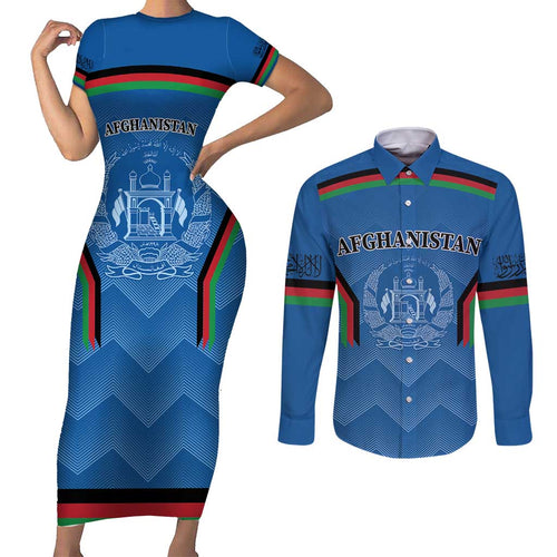 Custom Afghanistan Cricket Couples Matching Short Sleeve Bodycon Dress and Long Sleeve Button Shirt Afghan Coat Of Arm with Special Flag