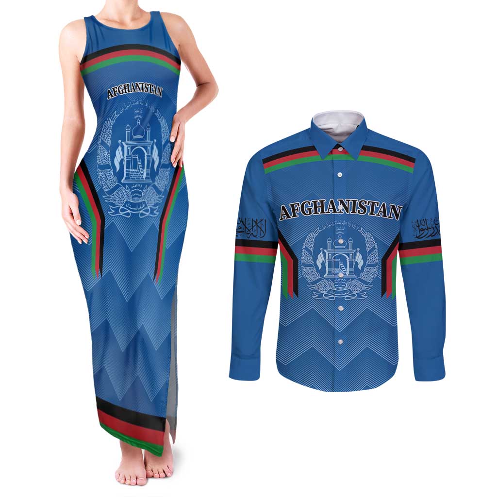 Custom Afghanistan Cricket Couples Matching Tank Maxi Dress and Long Sleeve Button Shirt Afghan Coat Of Arm with Special Flag