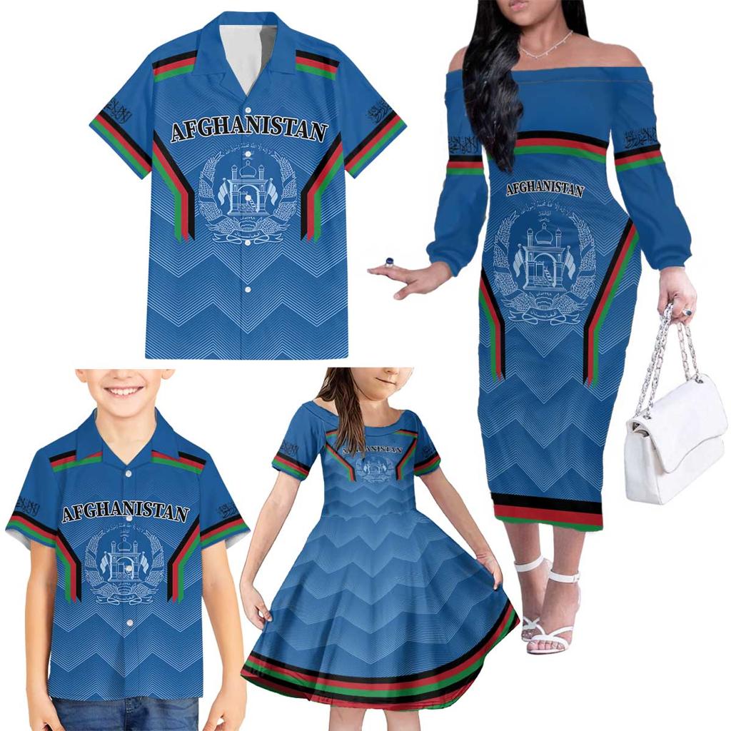 Custom Afghanistan Cricket Family Matching Off The Shoulder Long Sleeve Dress and Hawaiian Shirt Afghan Coat Of Arm with Special Flag