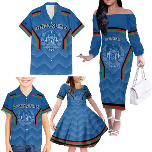 Custom Afghanistan Cricket Family Matching Off The Shoulder Long Sleeve Dress and Hawaiian Shirt Afghan Coat Of Arm with Special Flag