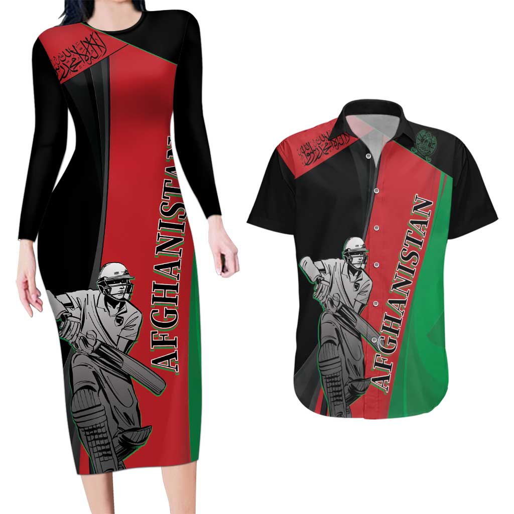 Custom Afghanistan Cricket Couples Matching Long Sleeve Bodycon Dress and Hawaiian Shirt Sporty Version