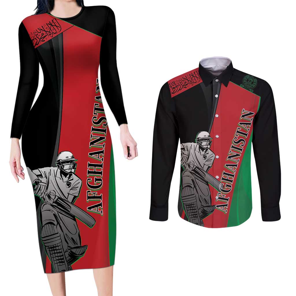 Custom Afghanistan Cricket Couples Matching Long Sleeve Bodycon Dress and Long Sleeve Button Shirt Sporty Version