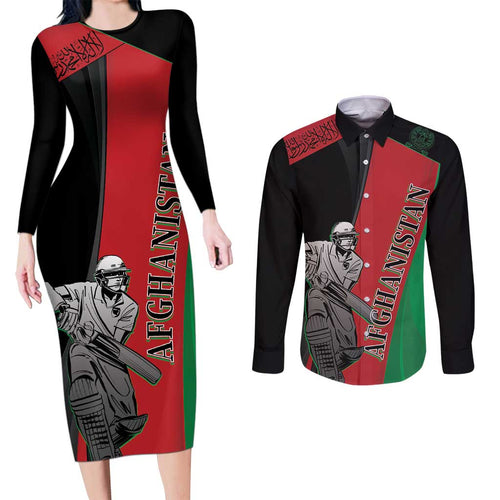 Custom Afghanistan Cricket Couples Matching Long Sleeve Bodycon Dress and Long Sleeve Button Shirt Sporty Version