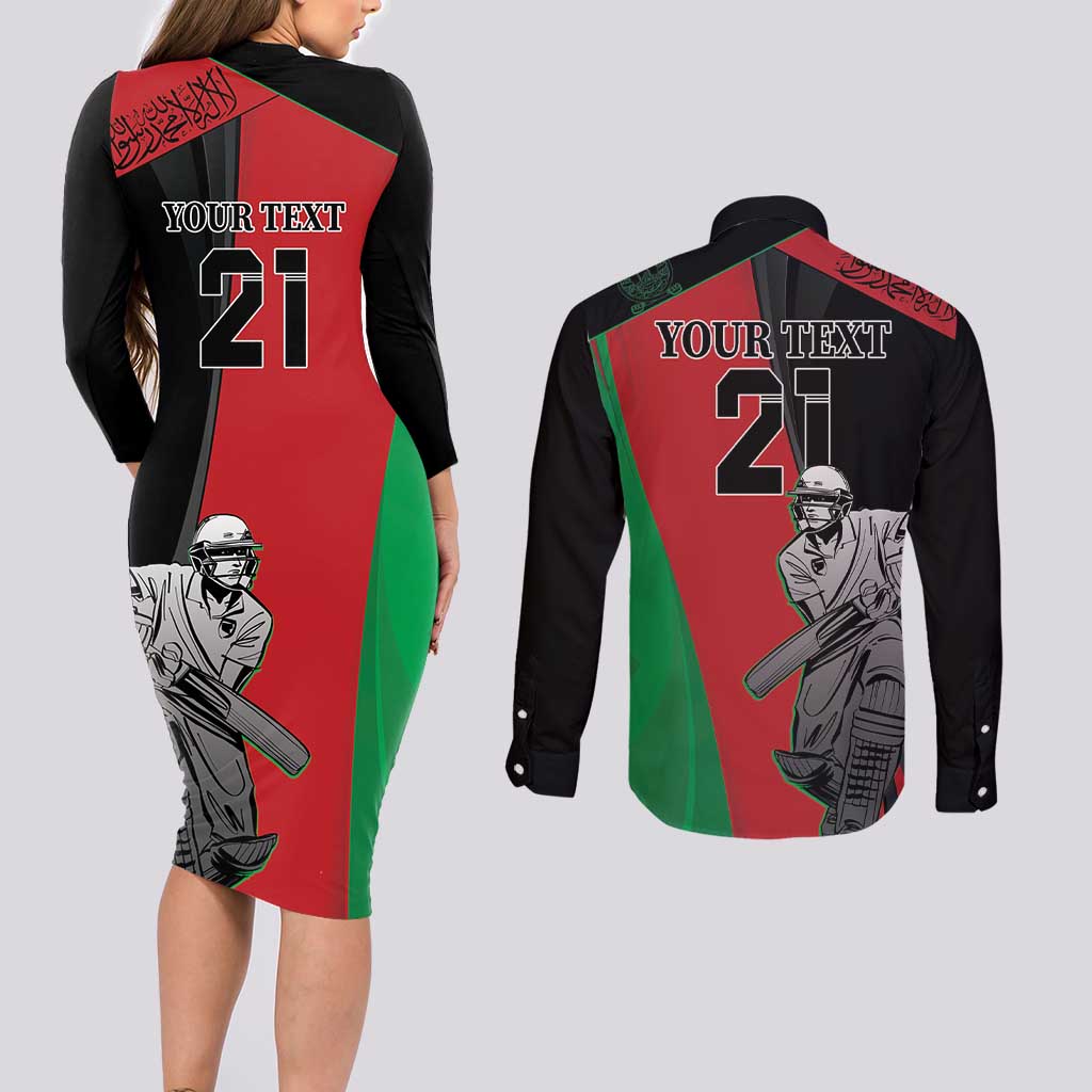 Custom Afghanistan Cricket Couples Matching Long Sleeve Bodycon Dress and Long Sleeve Button Shirt Sporty Version