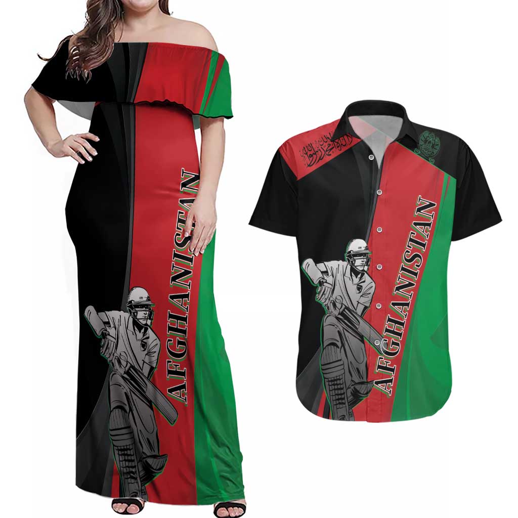 Custom Afghanistan Cricket Couples Matching Off Shoulder Maxi Dress and Hawaiian Shirt Sporty Version