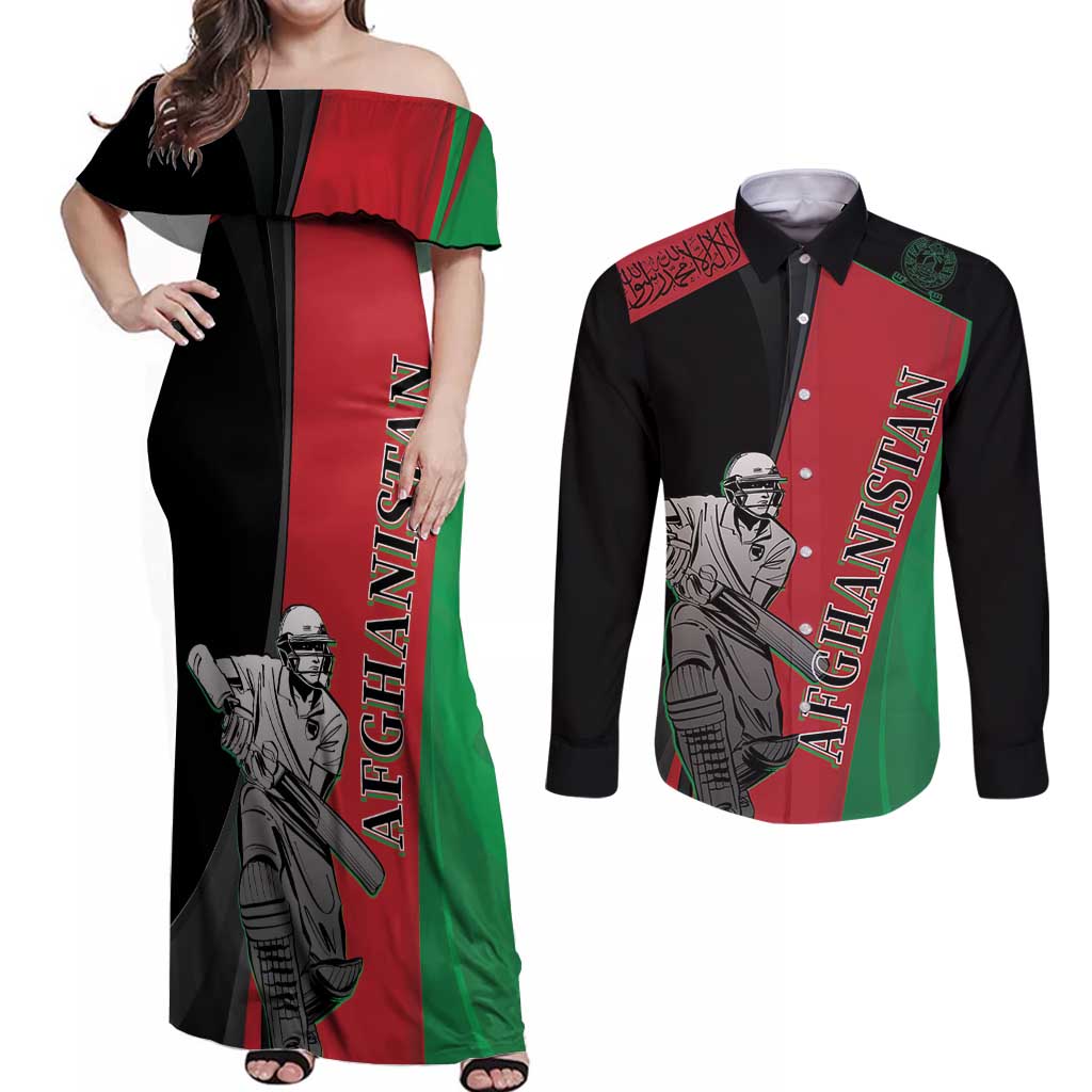 Custom Afghanistan Cricket Couples Matching Off Shoulder Maxi Dress and Long Sleeve Button Shirt Sporty Version