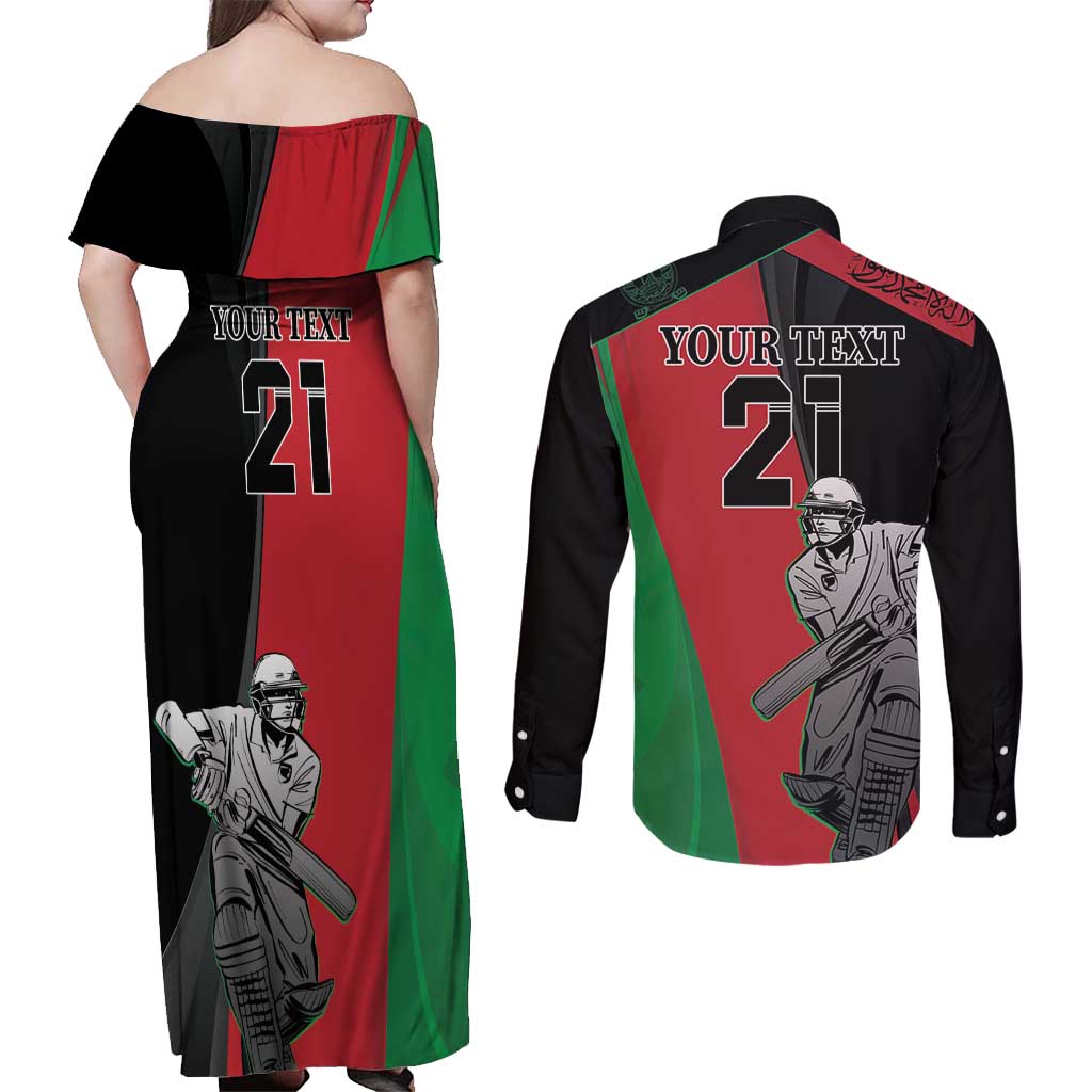 Custom Afghanistan Cricket Couples Matching Off Shoulder Maxi Dress and Long Sleeve Button Shirt Sporty Version
