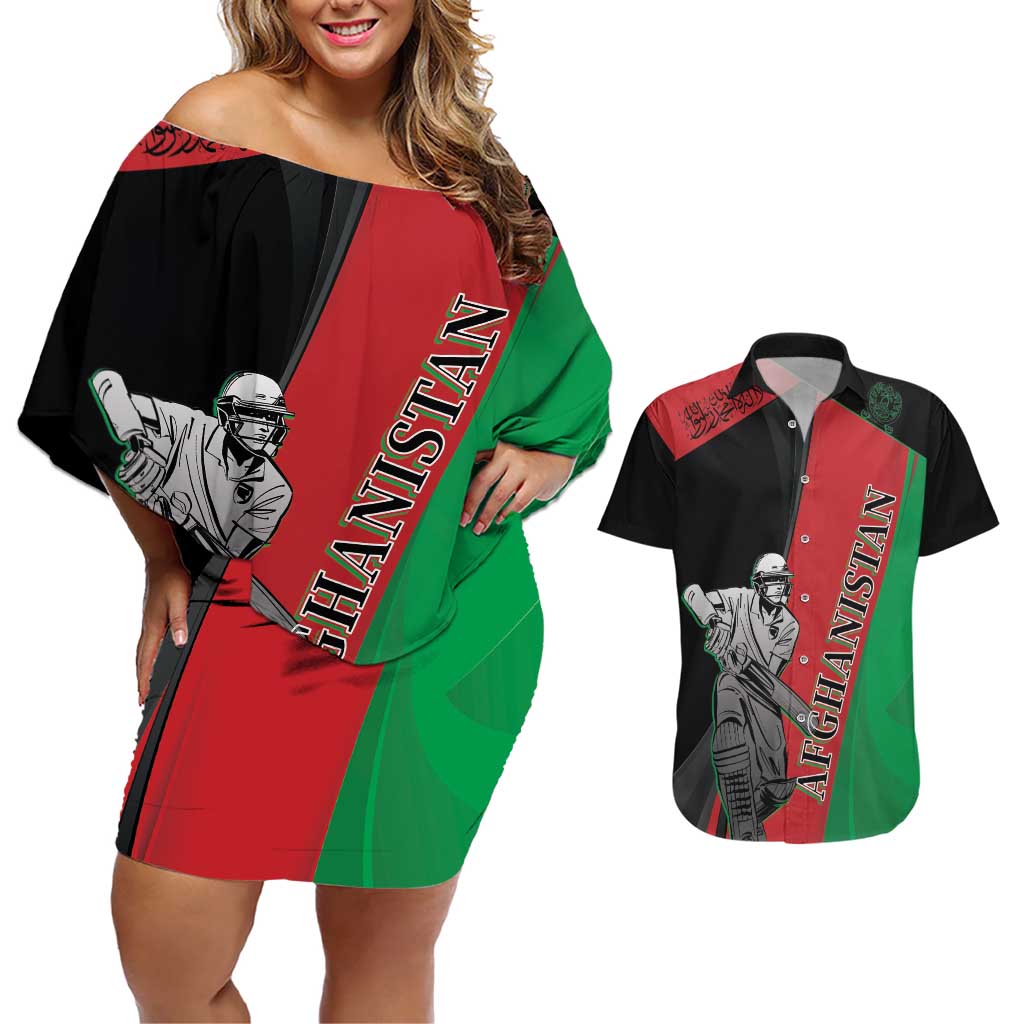 Custom Afghanistan Cricket Couples Matching Off Shoulder Short Dress and Hawaiian Shirt Sporty Version