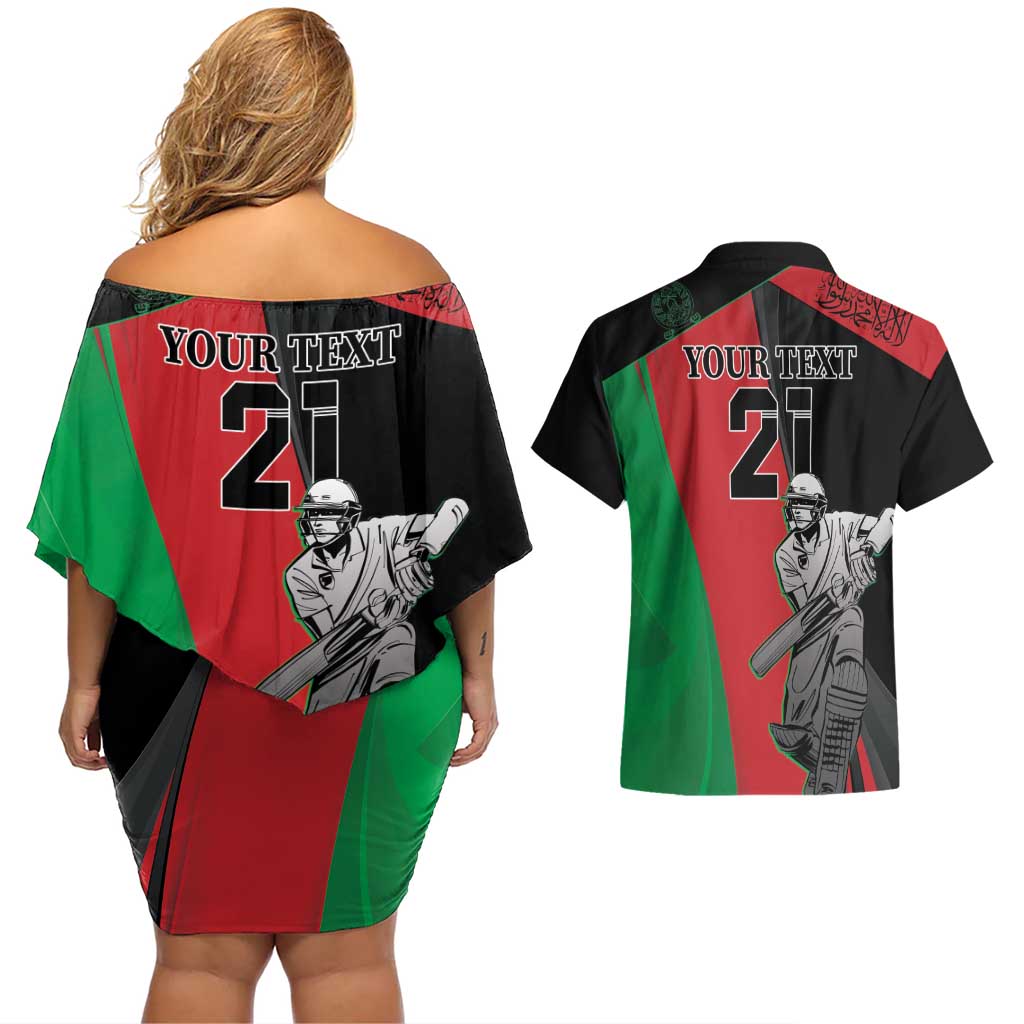 Custom Afghanistan Cricket Couples Matching Off Shoulder Short Dress and Hawaiian Shirt Sporty Version