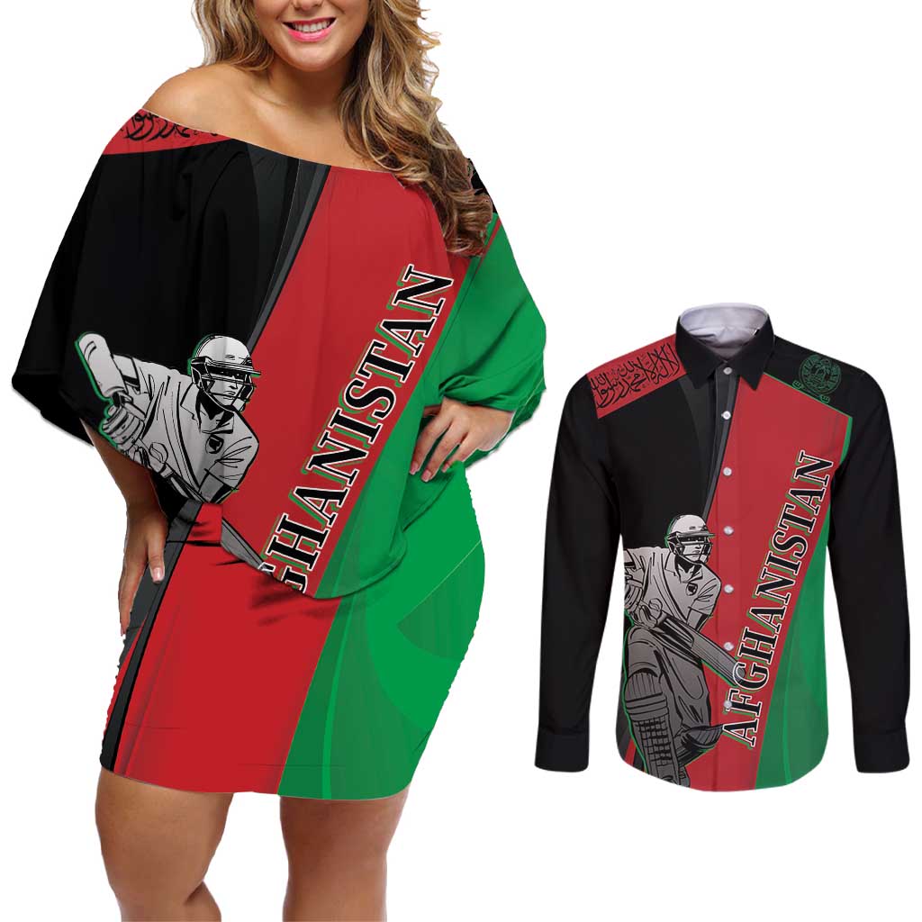 Custom Afghanistan Cricket Couples Matching Off Shoulder Short Dress and Long Sleeve Button Shirt Sporty Version