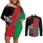 Custom Afghanistan Cricket Couples Matching Off Shoulder Short Dress and Long Sleeve Button Shirt Sporty Version