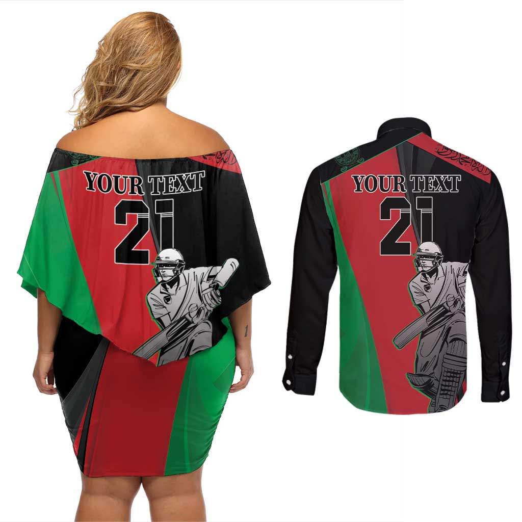 Custom Afghanistan Cricket Couples Matching Off Shoulder Short Dress and Long Sleeve Button Shirt Sporty Version