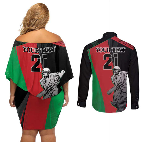 Custom Afghanistan Cricket Couples Matching Off Shoulder Short Dress and Long Sleeve Button Shirt Sporty Version