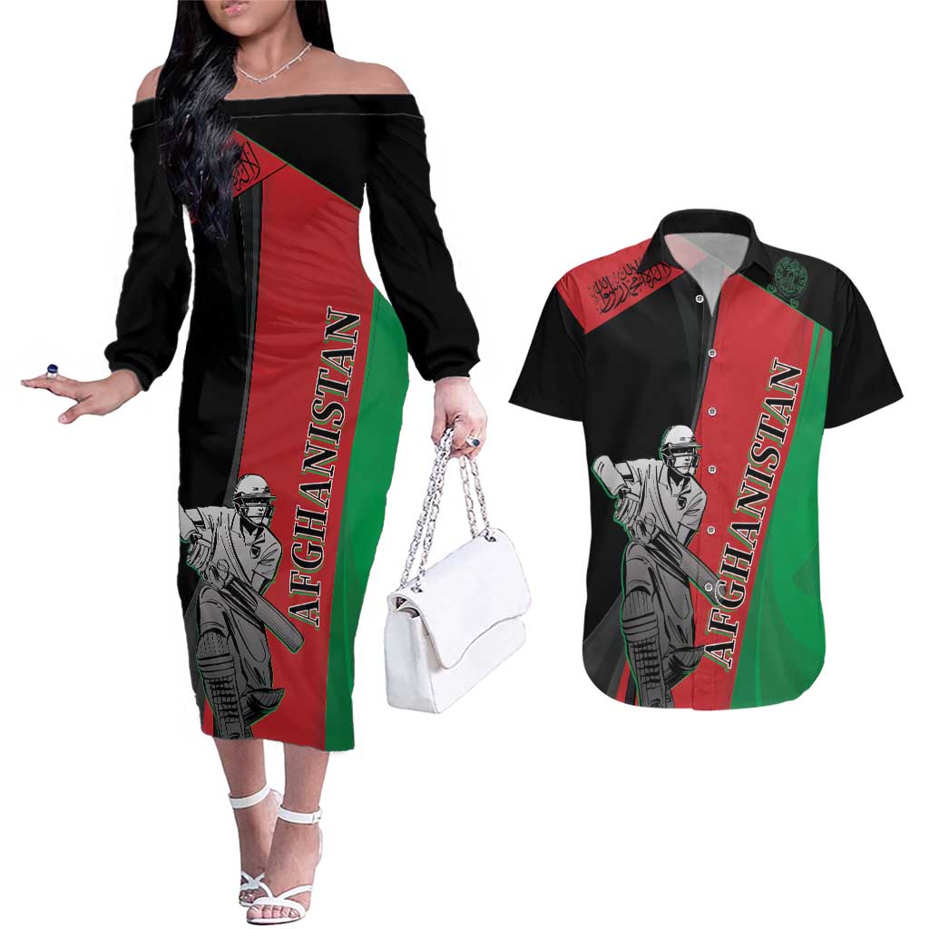 Custom Afghanistan Cricket Couples Matching Off The Shoulder Long Sleeve Dress and Hawaiian Shirt Sporty Version