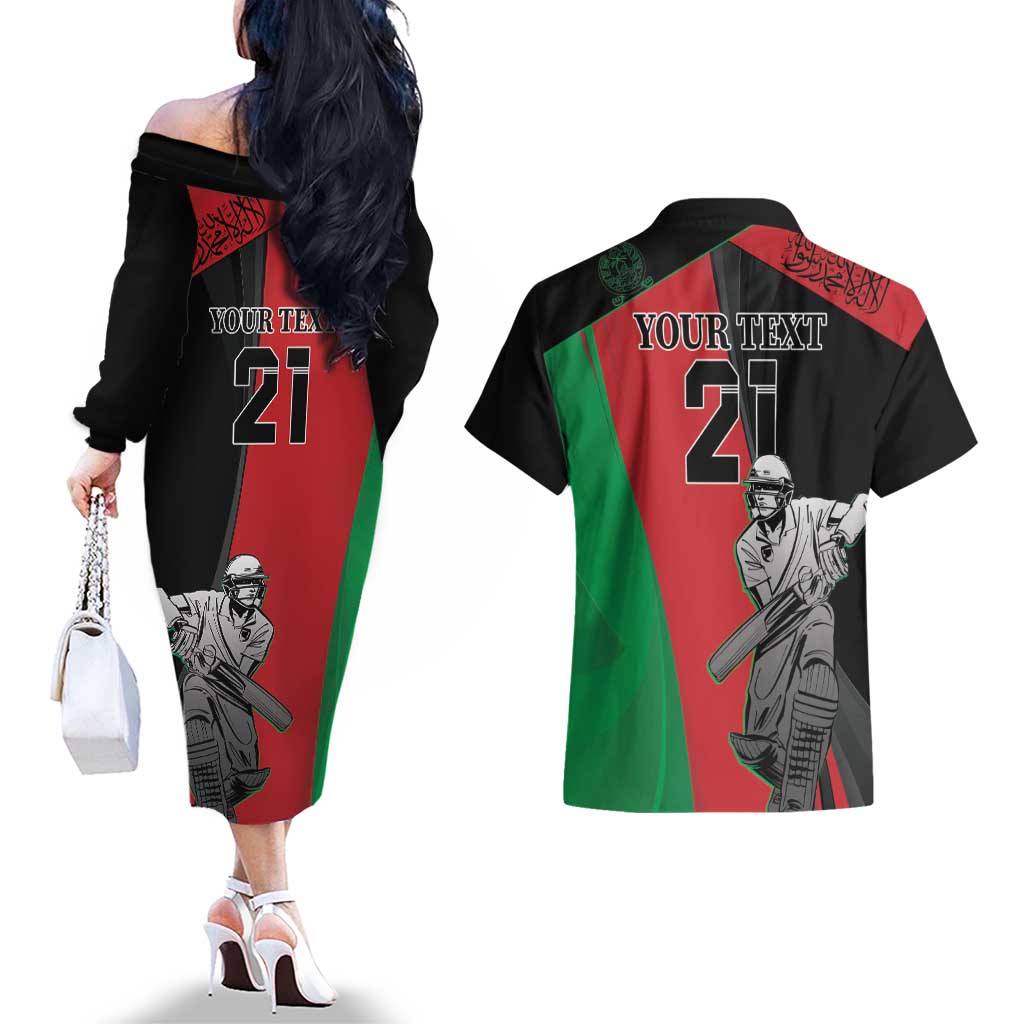 Custom Afghanistan Cricket Couples Matching Off The Shoulder Long Sleeve Dress and Hawaiian Shirt Sporty Version
