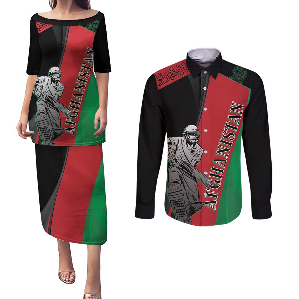 Custom Afghanistan Cricket Couples Matching Puletasi and Long Sleeve Button Shirt Sporty Version
